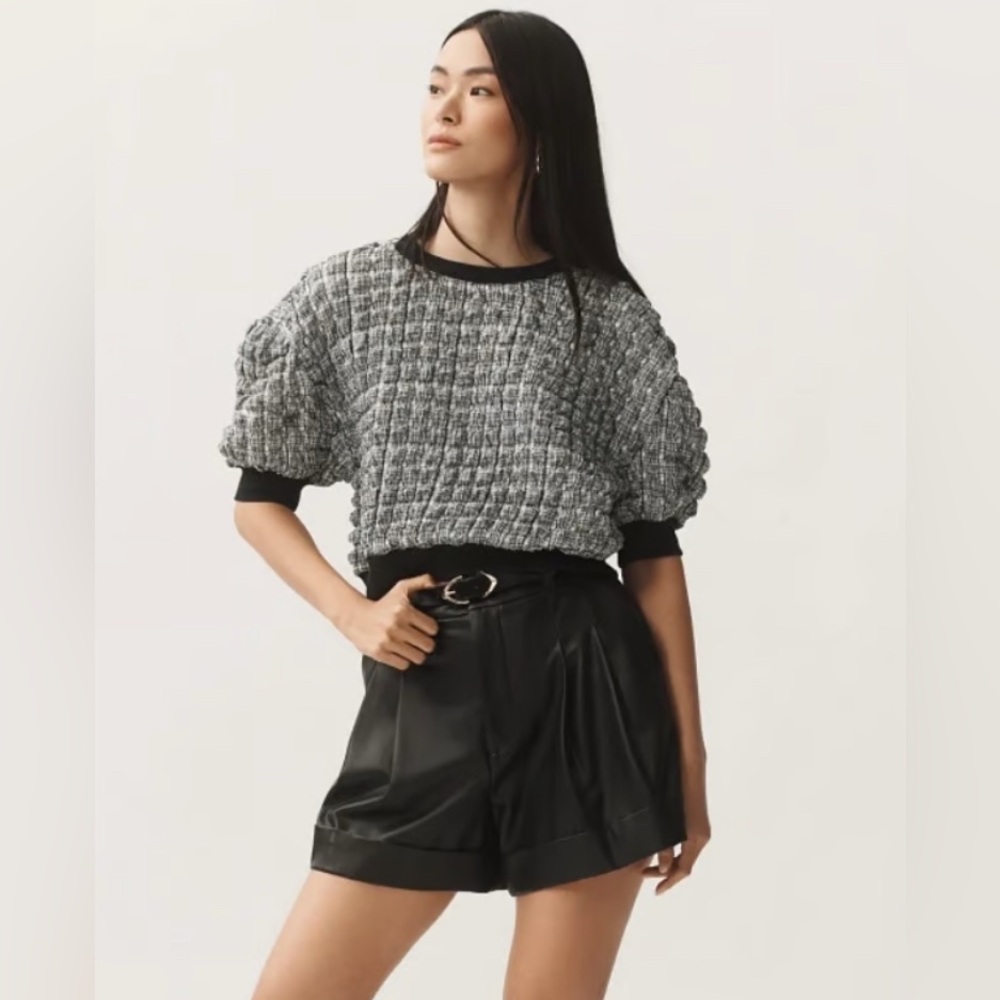 Maeve Boxy Puff Sleeve Monochrome Textured Knit Top SIZE SMALL